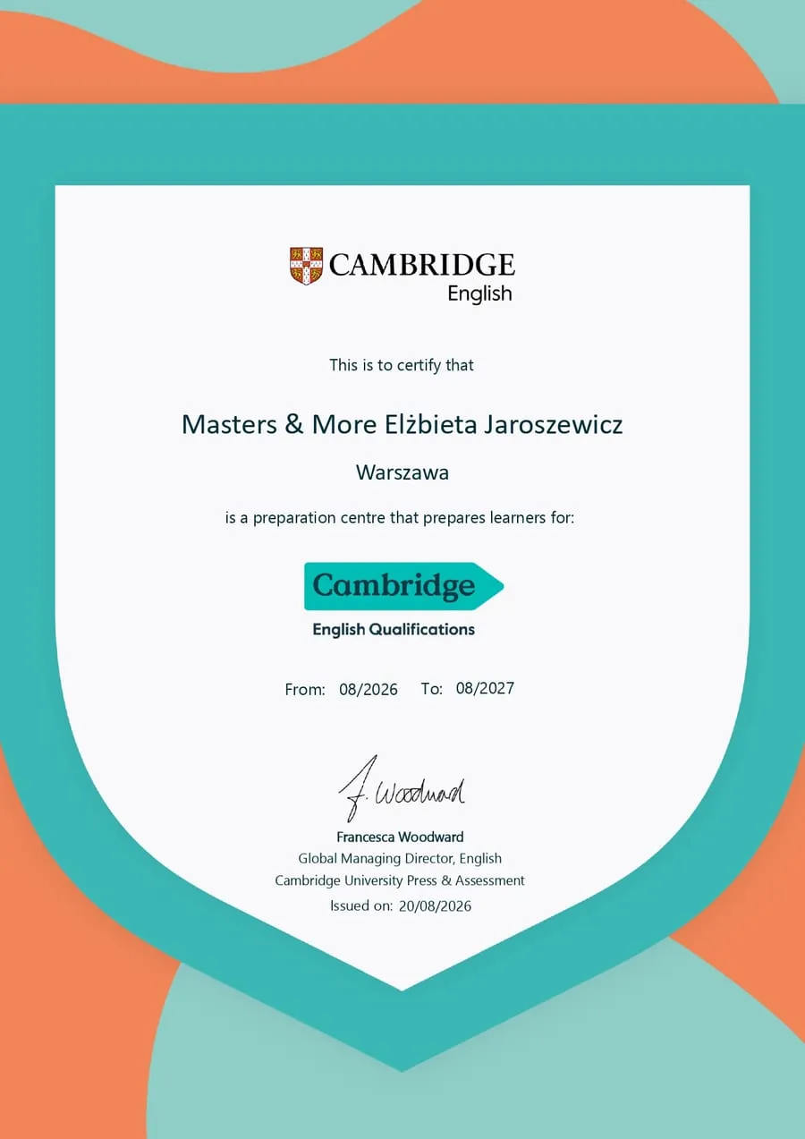 Dyplom Cambridge English Preparation Centre dla Masters&More, ważny od sierpnia 2026 do sierpnia 2027