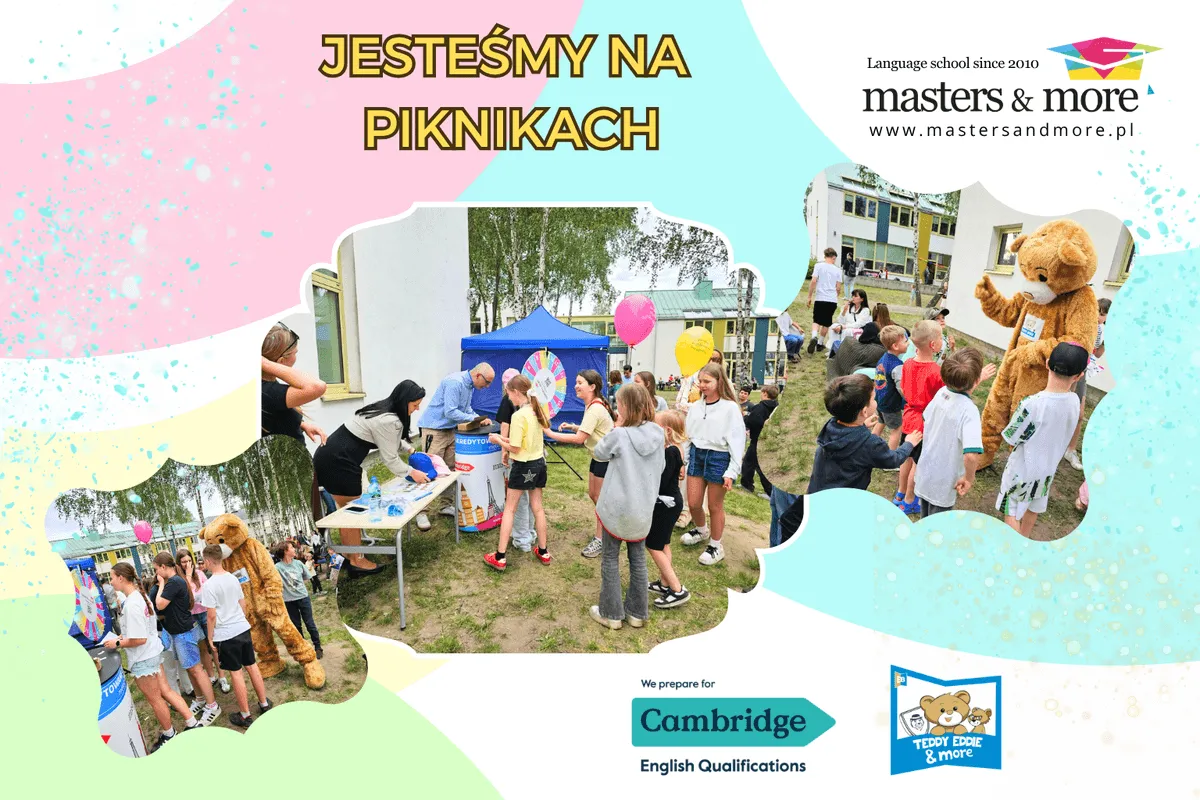 Plansza z napisem Jesteśmy na piknikach i zdjęciami ze stoiska szkoły