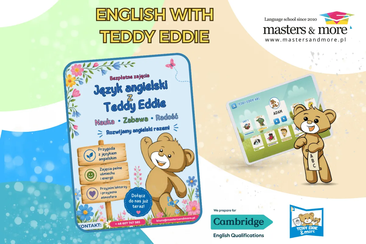 Board reading English with Teddy Eddie, a class poster and a screen from the Teddy Eddie ABC app