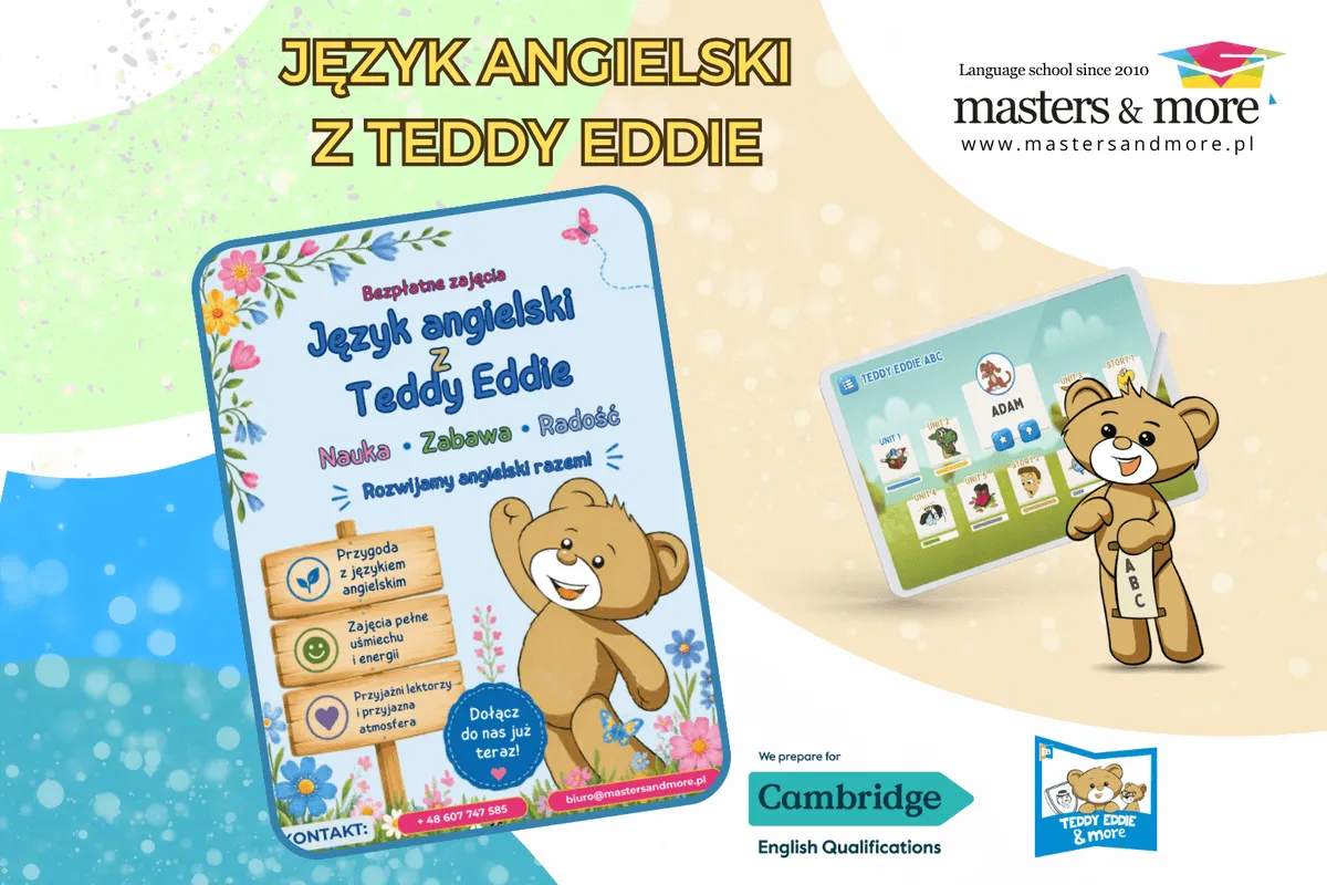 Plansza z napisem Język angielski z Teddy Eddie, plakat zajęć i ekran aplikacji Teddy Eddie ABC