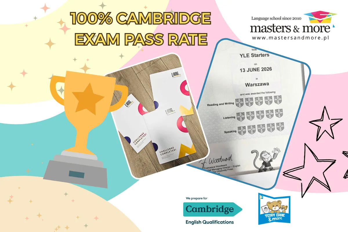 Board reading 100% Cambridge exam pass rate with a trophy and a YLE Starters certificate