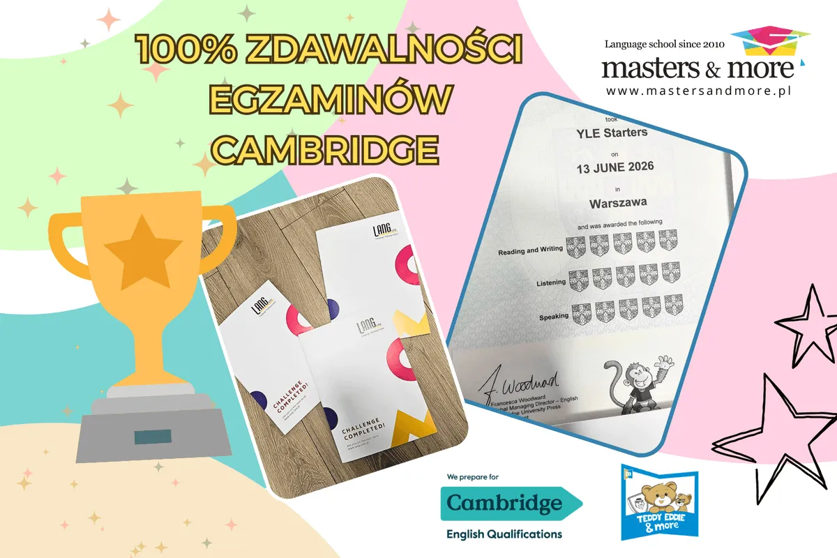 Plansza z napisem 100% zdawalności egzaminów Cambridge, puchar i certyfikat YLE Starters